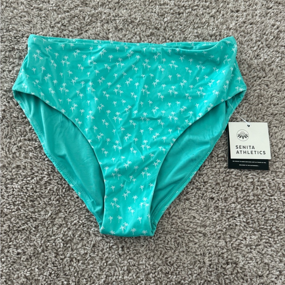 Senita Athletics Teal Palm-Print High-Waist Swim Bottom